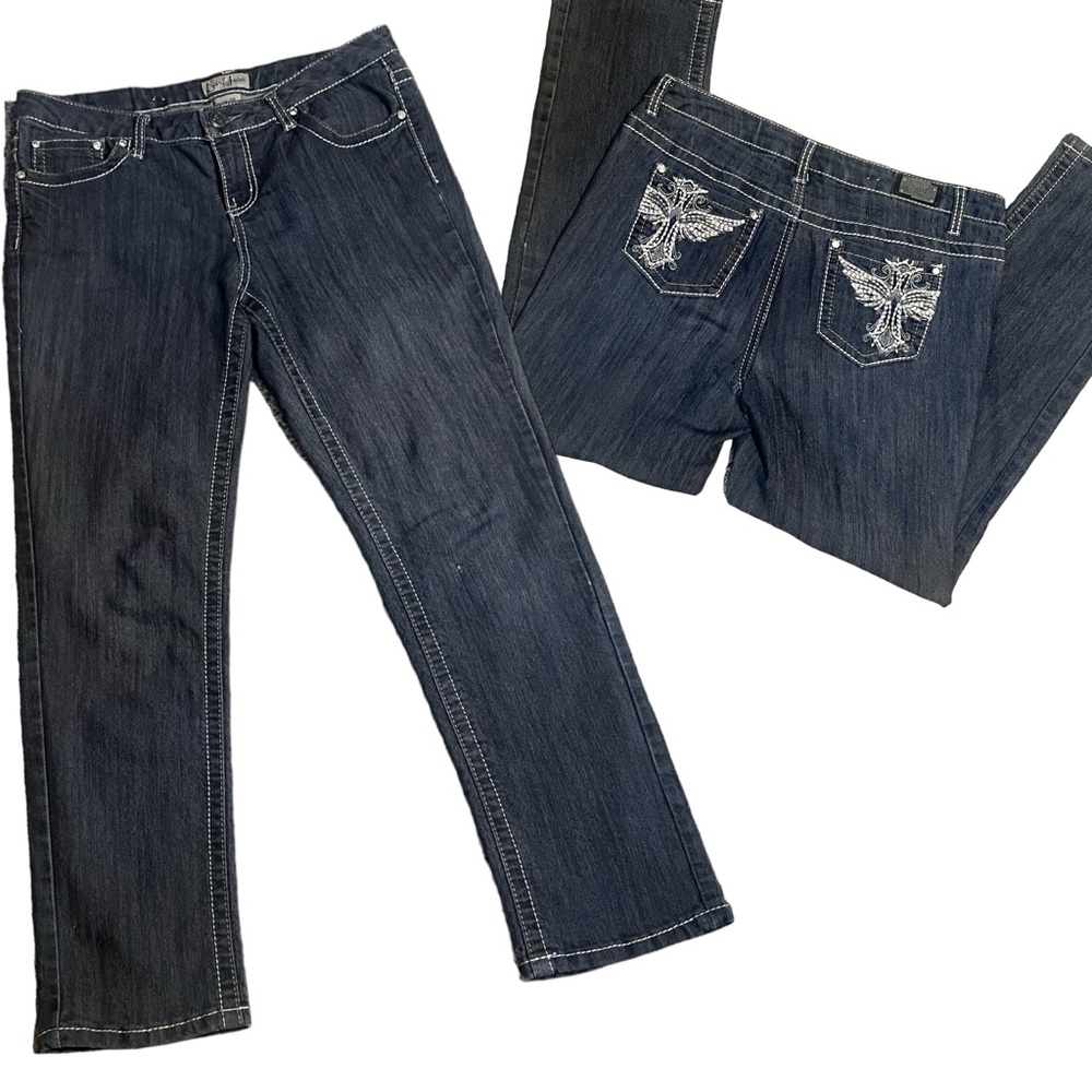 Earl Jeans Dark Wash Jeans Embellishment Back Pockets Straight Cut Women’s Sz 6P